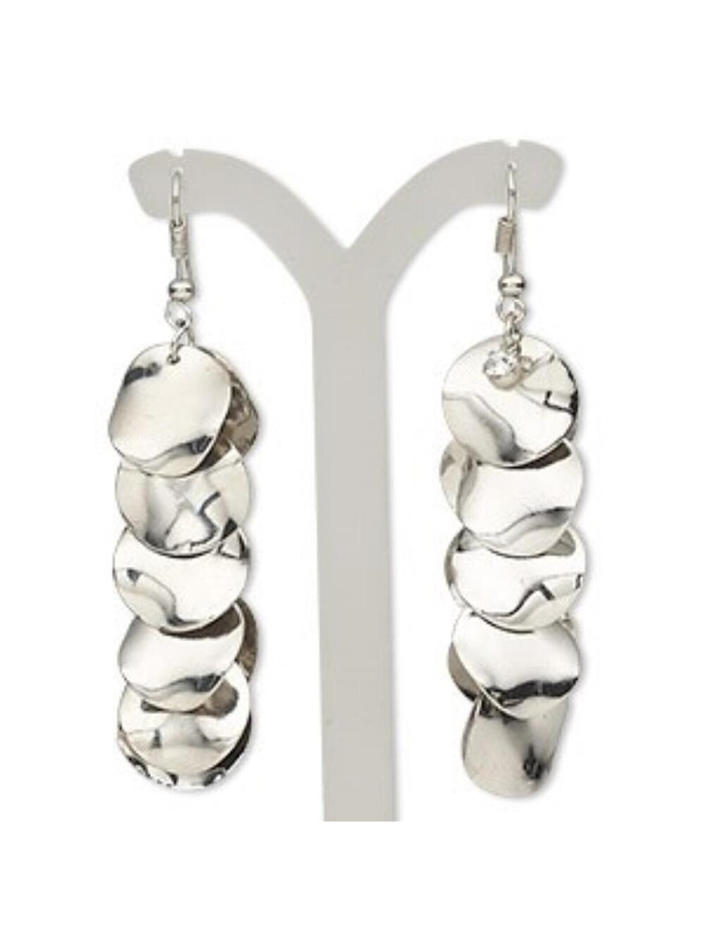 Silver Plated Steel Wavy Round Charms and Clear Rhinestone Dangle Earrings